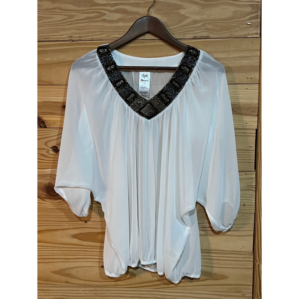 Rock 47 Wrangler Sheer Beaded V-Neck 3/4 Sleeve Black Gold Blouse Womens Large